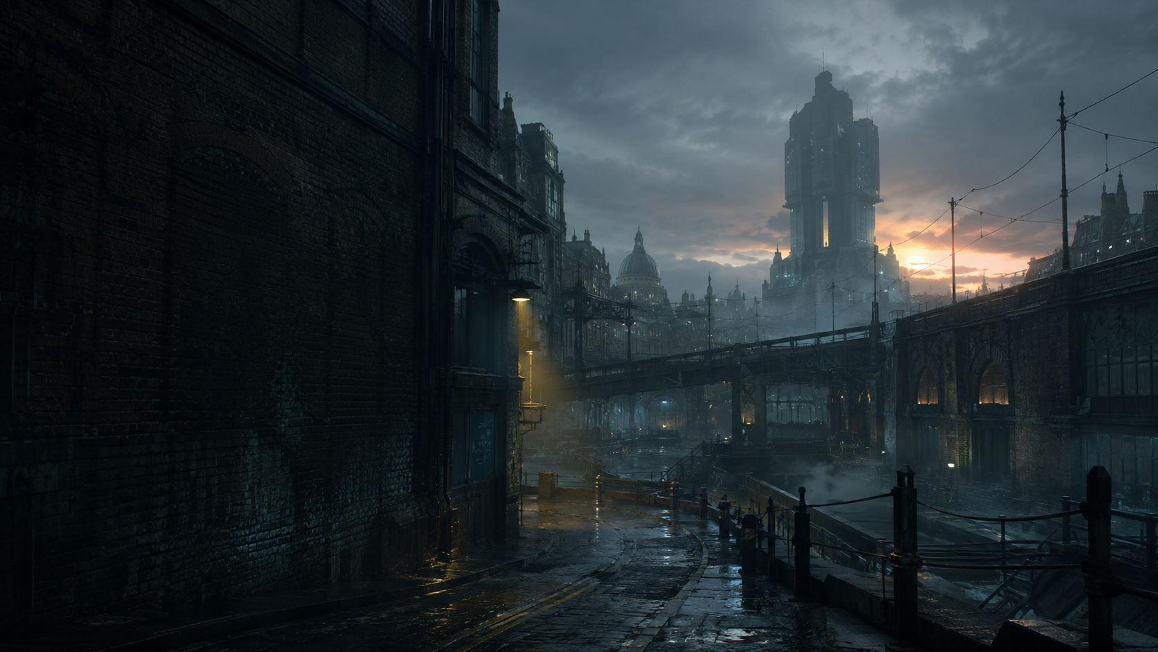 A rain-darkened future British city at sunset